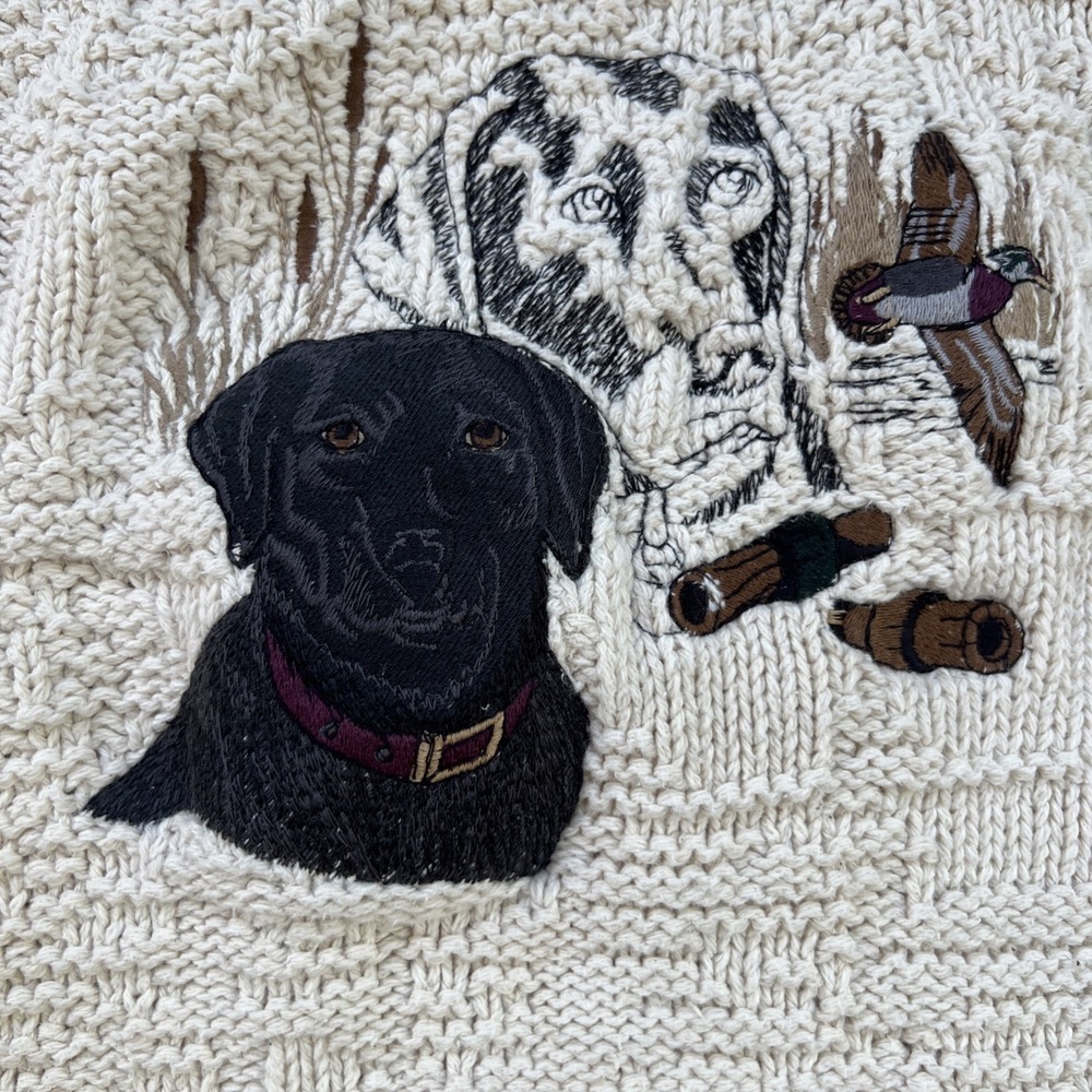 90s St Johns Bay Sweater Cotton Embroidered Labrador Duck Hunting Ivory Mens LT